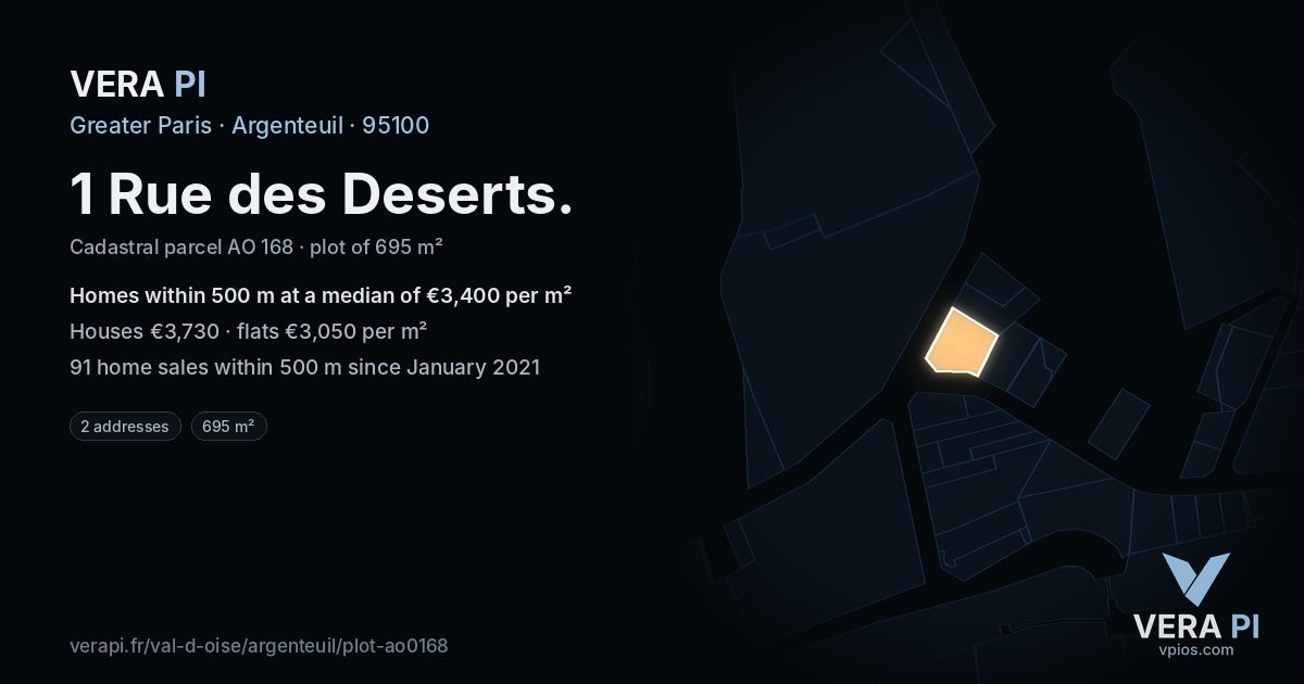 1 Rue des Deserts, Argenteuil at night – the plot lit, the parcels around coloured by the prices near them