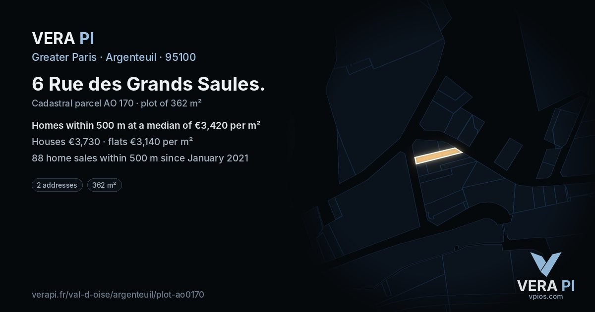 6 Rue des Grands Saules, Argenteuil at night – the plot lit, the parcels around coloured by the prices near them