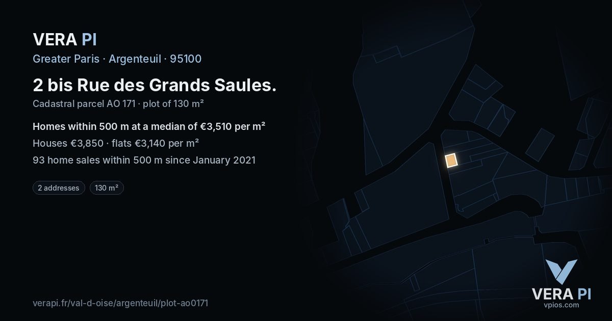 2 bis Rue des Grands Saules, Argenteuil at night – the plot lit, the parcels around coloured by the prices near them