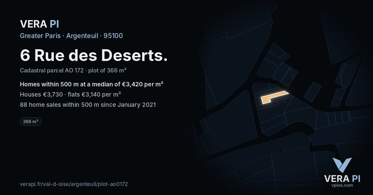 6 Rue des Deserts, Argenteuil at night – the plot lit, the parcels around coloured by the prices near them