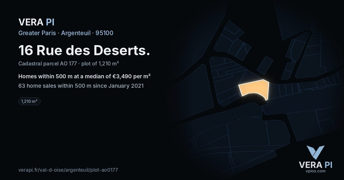16 Rue des Deserts, Argenteuil at night – the plot lit, the parcels around coloured by the prices near them