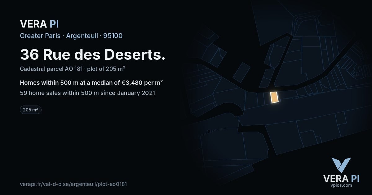 36 Rue des Deserts, Argenteuil at night – the plot lit, the parcels around coloured by the prices near them