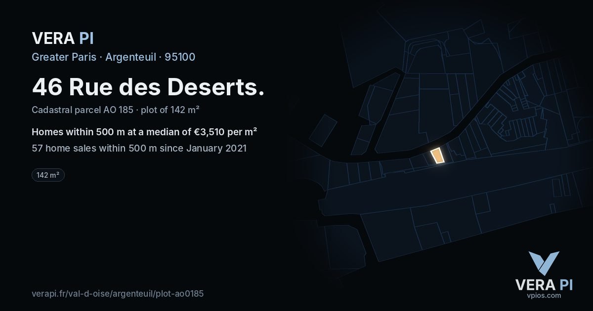46 Rue des Deserts, Argenteuil at night – the plot lit, the parcels around coloured by the prices near them