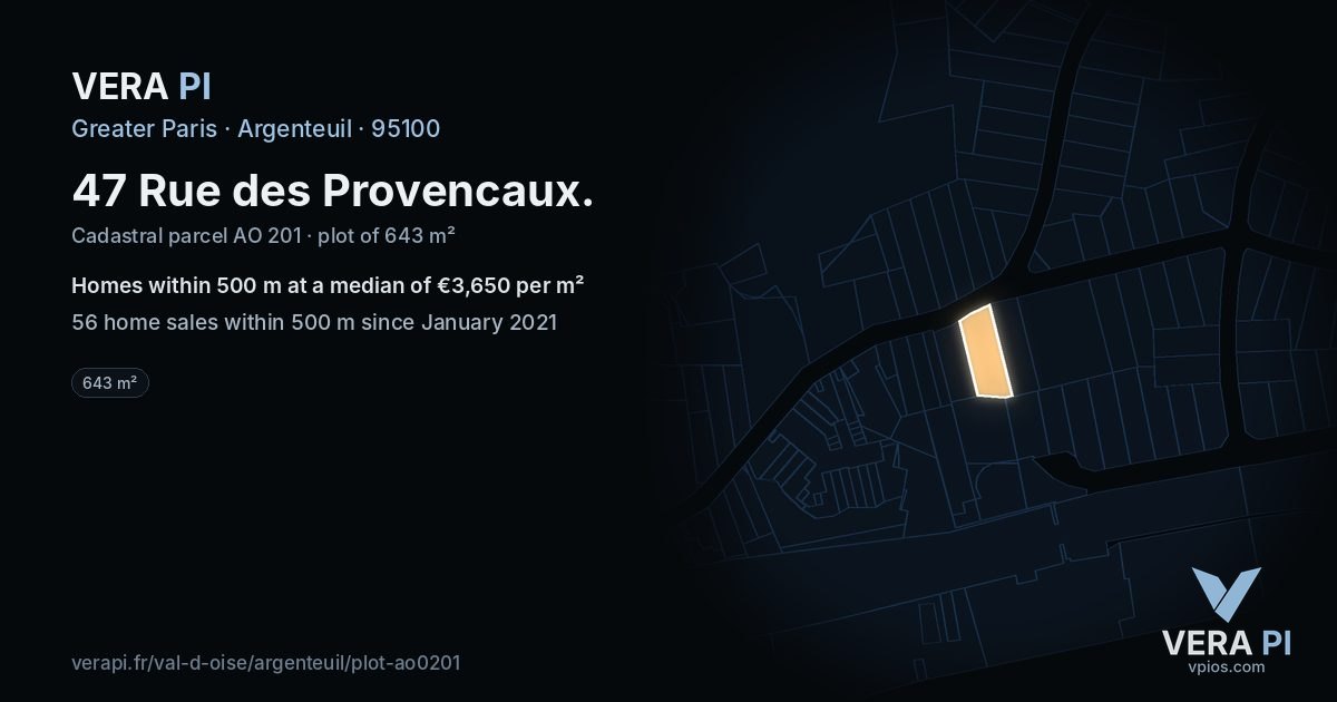 47 Rue des Provencaux, Argenteuil at night – the plot lit, the parcels around coloured by the prices near them