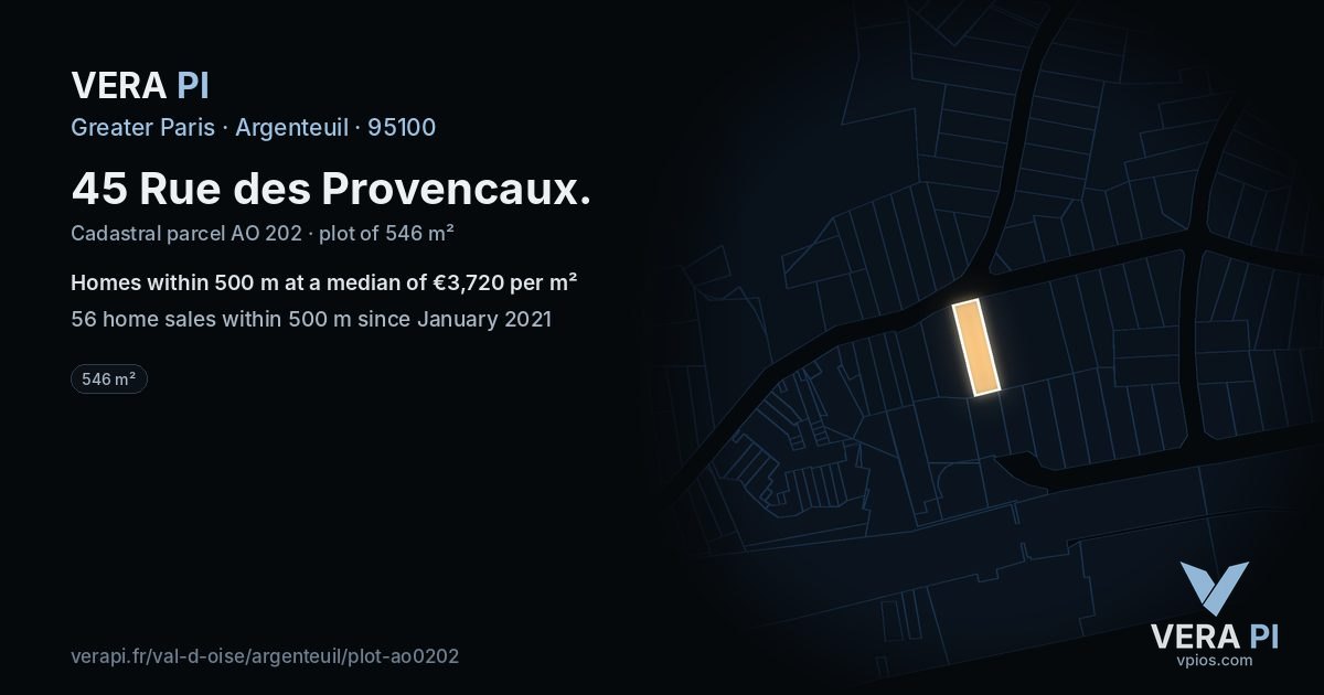 45 Rue des Provencaux, Argenteuil at night – the plot lit, the parcels around coloured by the prices near them