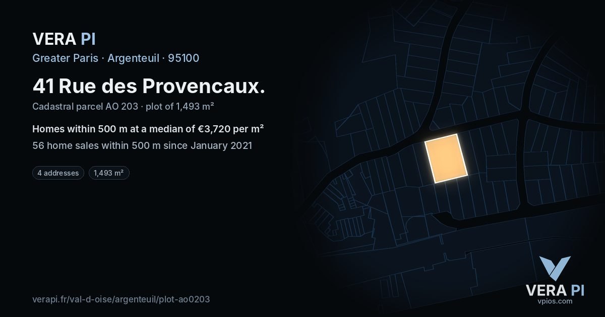 41 Rue des Provencaux, Argenteuil at night – the plot lit, the parcels around coloured by the prices near them