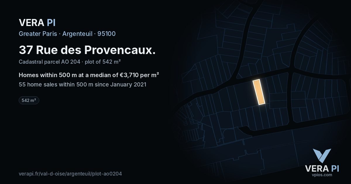 37 Rue des Provencaux, Argenteuil at night – the plot lit, the parcels around coloured by the prices near them