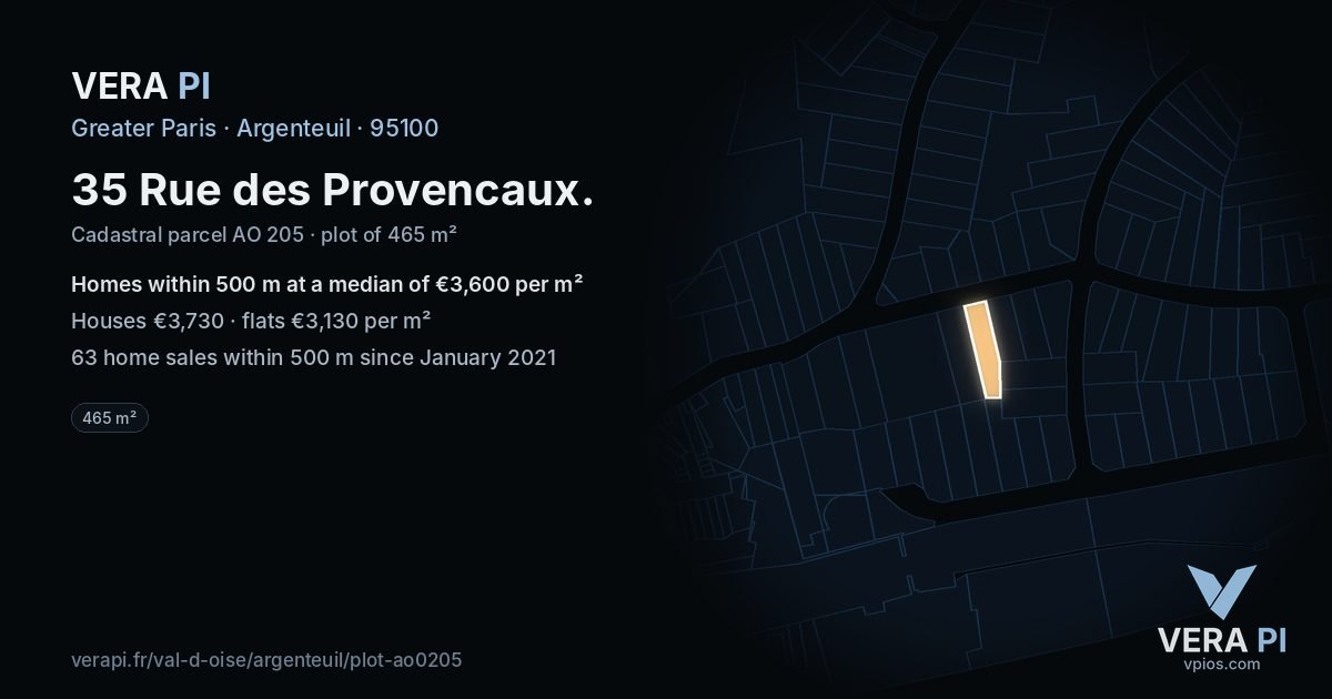 35 Rue des Provencaux, Argenteuil at night – the plot lit, the parcels around coloured by the prices near them
