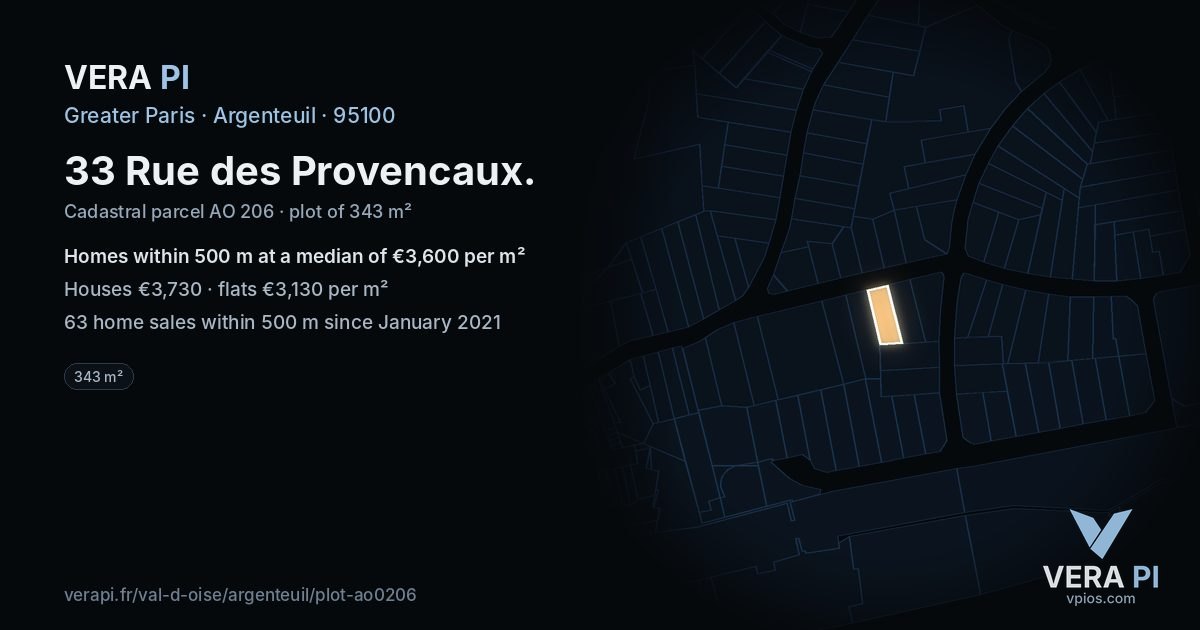 33 Rue des Provencaux, Argenteuil at night – the plot lit, the parcels around coloured by the prices near them