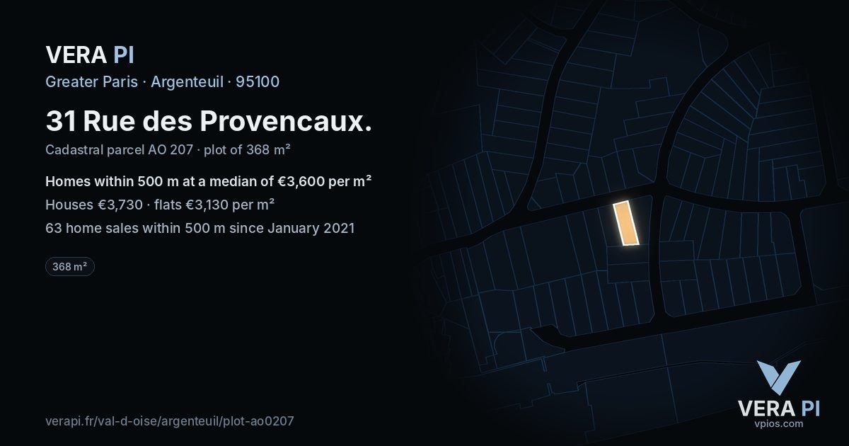 31 Rue des Provencaux, Argenteuil at night – the plot lit, the parcels around coloured by the prices near them
