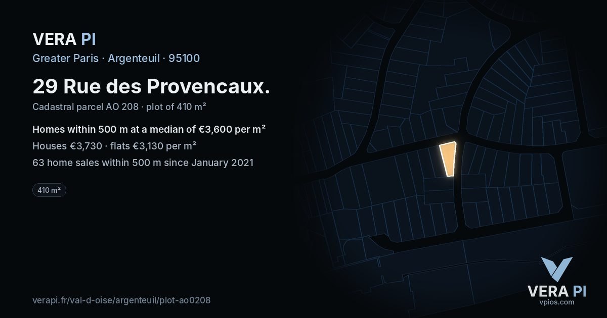 29 Rue des Provencaux, Argenteuil at night – the plot lit, the parcels around coloured by the prices near them
