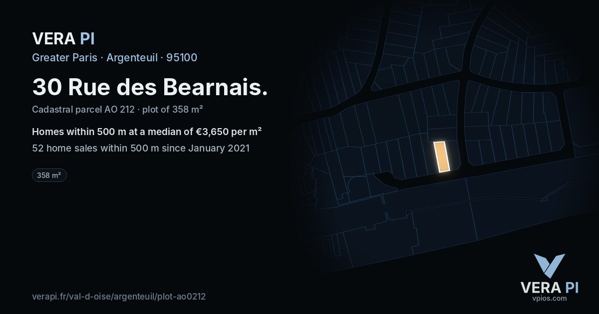 30 Rue des Bearnais, Argenteuil at night – the plot lit, the parcels around coloured by the prices near them