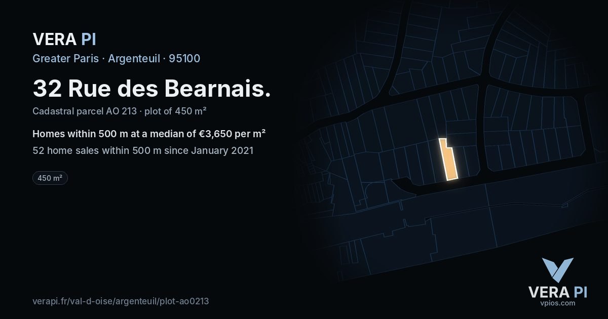 32 Rue des Bearnais, Argenteuil at night – the plot lit, the parcels around coloured by the prices near them