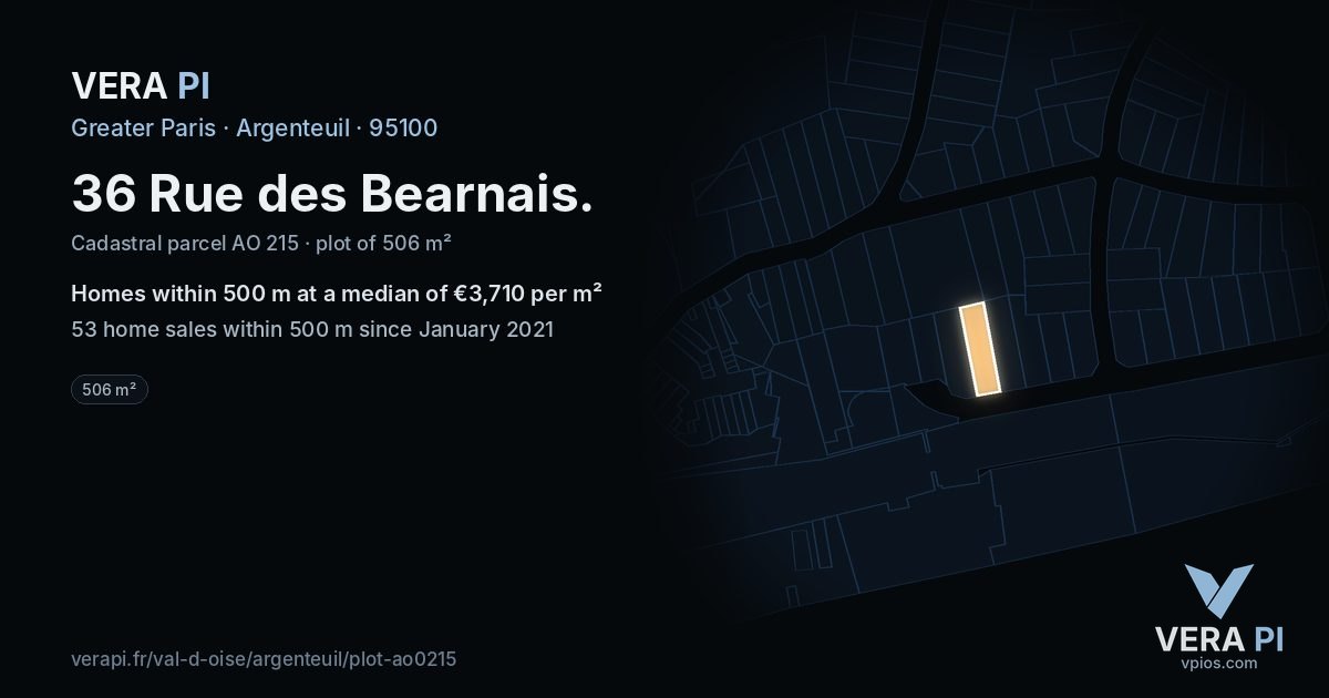 36 Rue des Bearnais, Argenteuil at night – the plot lit, the parcels around coloured by the prices near them