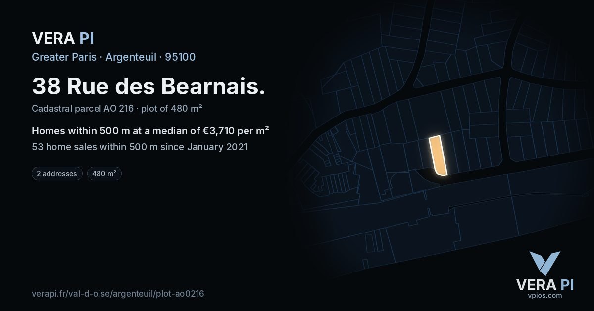 38 Rue des Bearnais, Argenteuil at night – the plot lit, the parcels around coloured by the prices near them