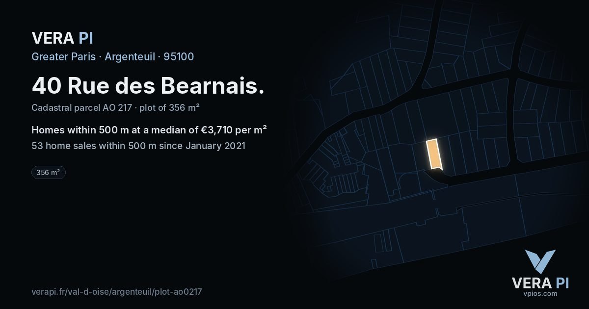 40 Rue des Bearnais, Argenteuil at night – the plot lit, the parcels around coloured by the prices near them