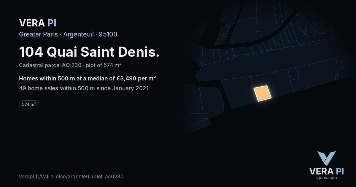 104 Quai Saint Denis, Argenteuil at night – the plot lit, the parcels around coloured by the prices near them