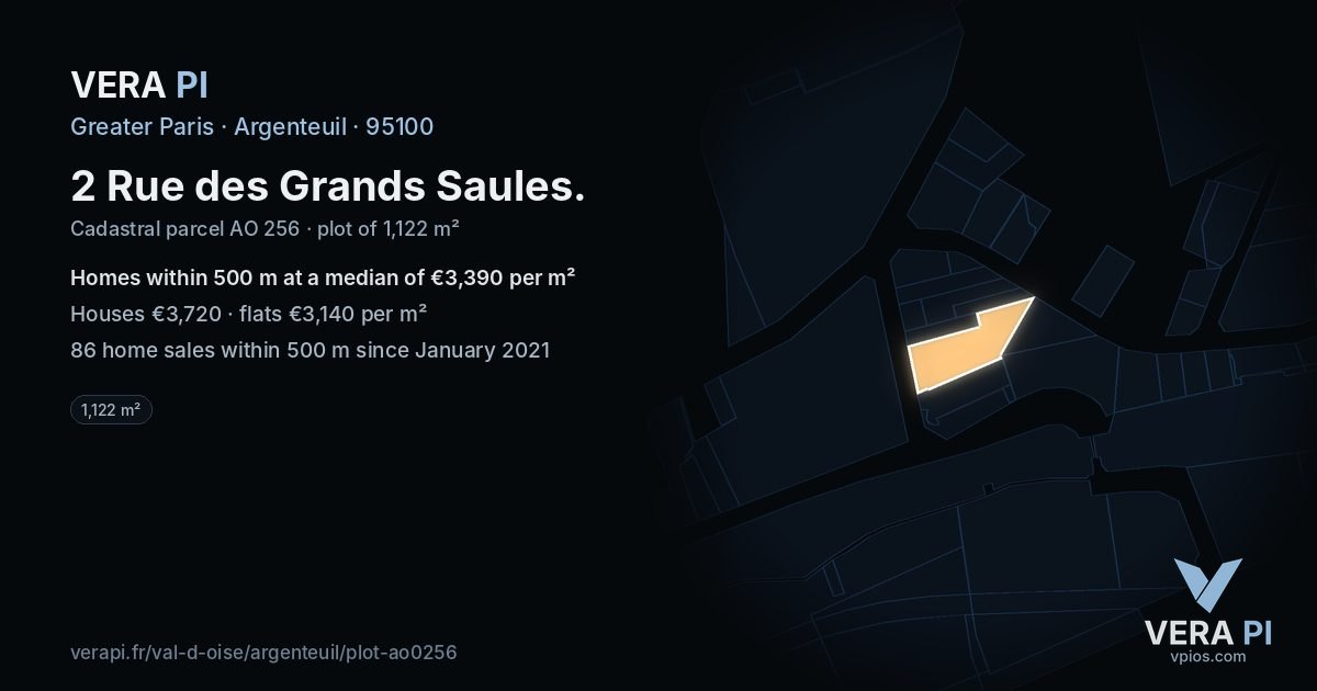 2 Rue des Grands Saules, Argenteuil at night – the plot lit, the parcels around coloured by the prices near them
