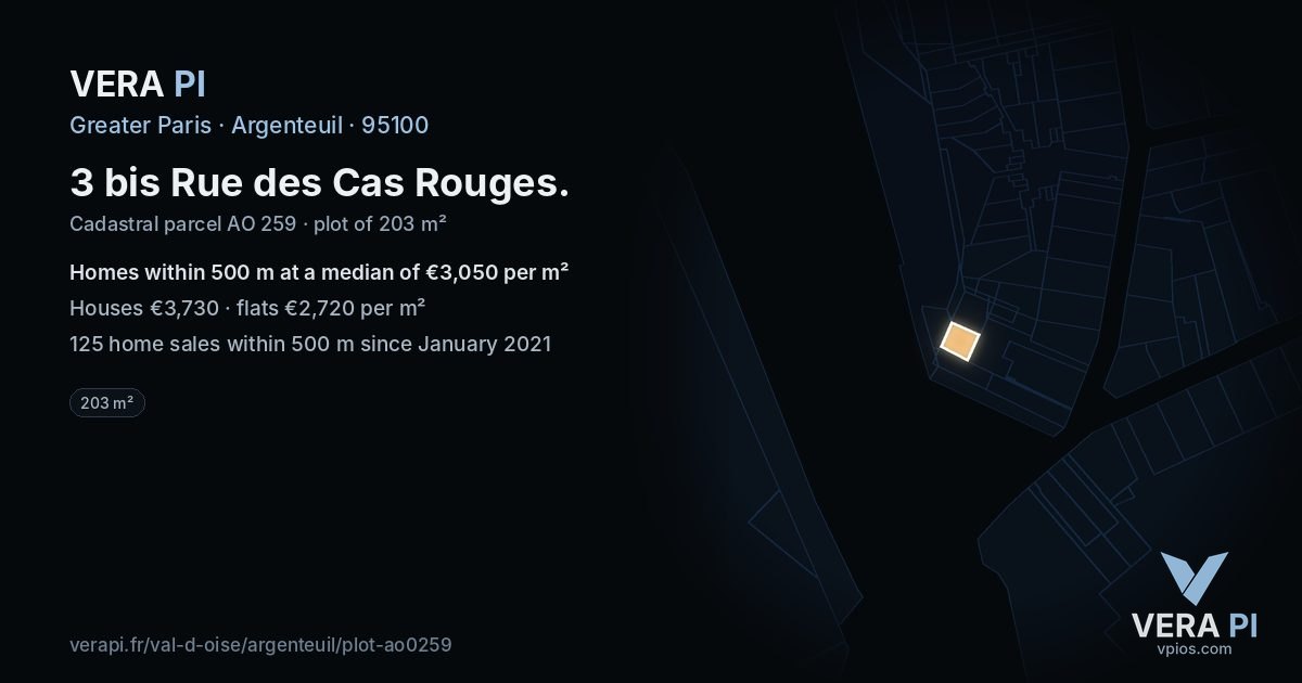 3 bis Rue des Cas Rouges, Argenteuil at night – the plot lit, the parcels around coloured by the prices near them