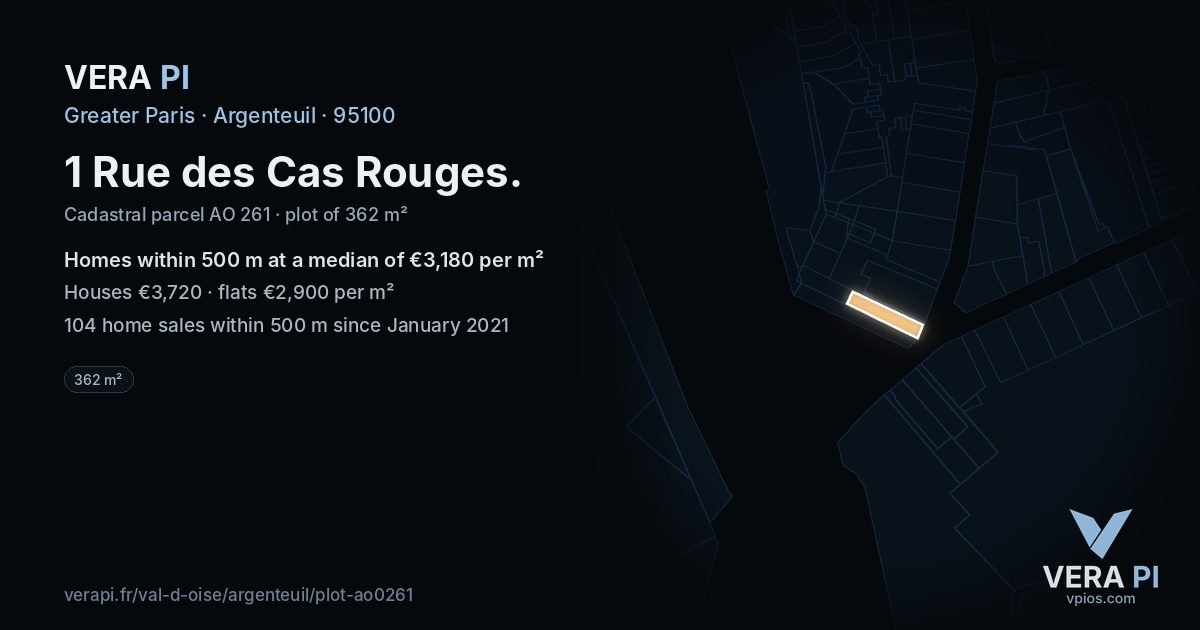 1 Rue des Cas Rouges, Argenteuil at night – the plot lit, the parcels around coloured by the prices near them