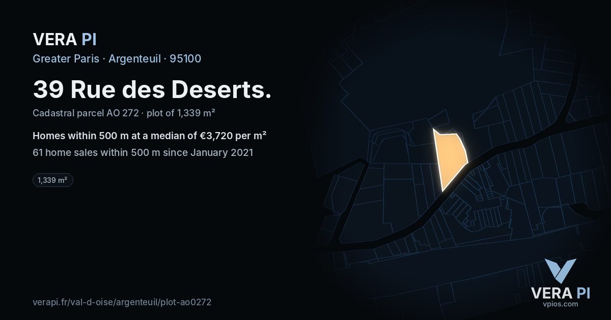 39 Rue des Deserts, Argenteuil at night – the plot lit, the parcels around coloured by the prices near them