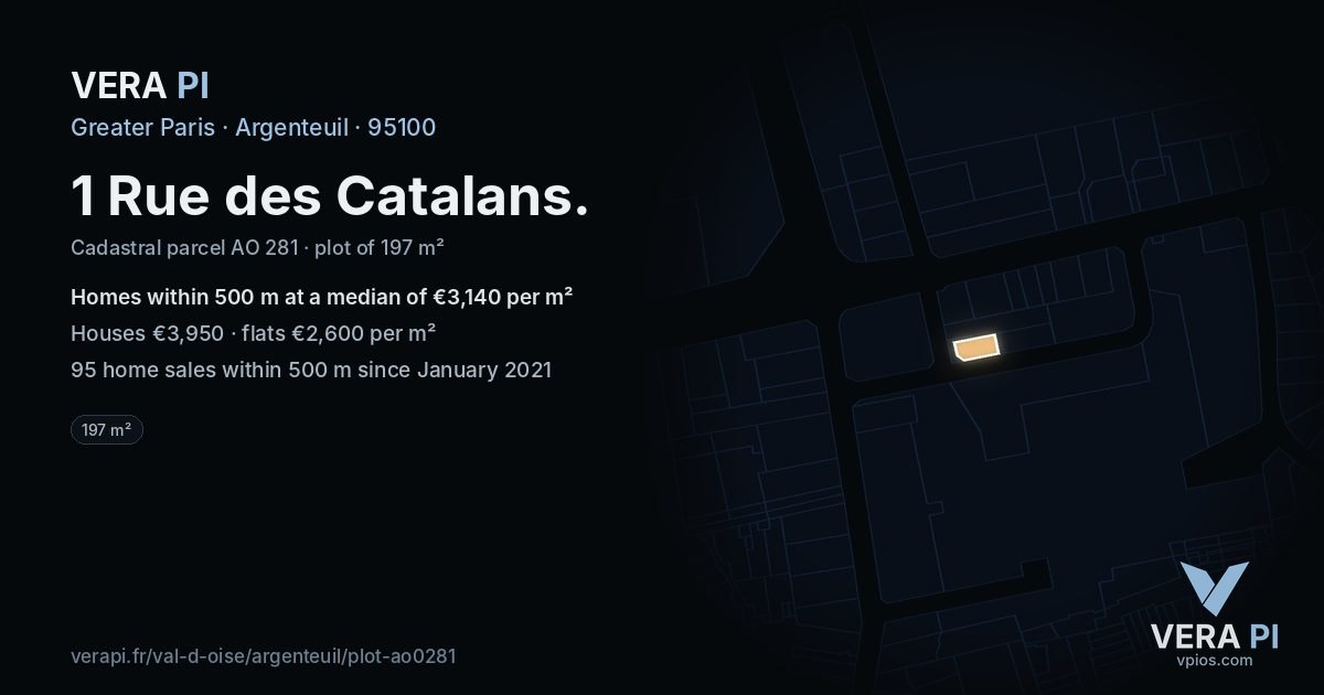 1 Rue des Catalans, Argenteuil at night – the plot lit, the parcels around coloured by the prices near them
