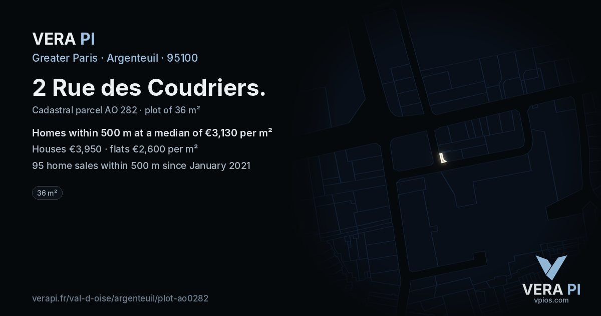 2 Rue des Coudriers, Argenteuil at night – the plot lit, the parcels around coloured by the prices near them