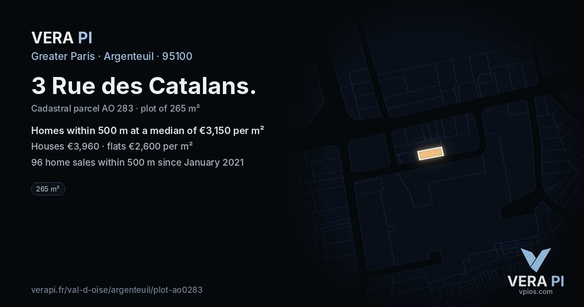 3 Rue des Catalans, Argenteuil at night – the plot lit, the parcels around coloured by the prices near them