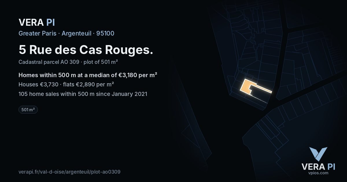 5 Rue des Cas Rouges, Argenteuil at night – the plot lit, the parcels around coloured by the prices near them