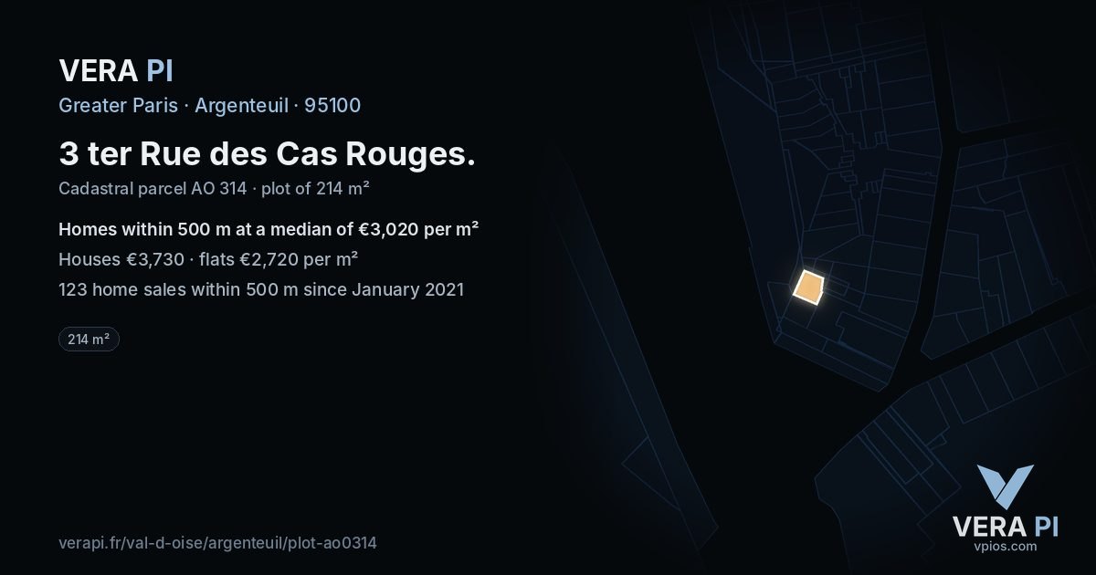 3 ter Rue des Cas Rouges, Argenteuil at night – the plot lit, the parcels around coloured by the prices near them