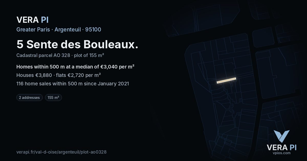 5 Sente des Bouleaux, Argenteuil at night – the plot lit, the parcels around coloured by the prices near them