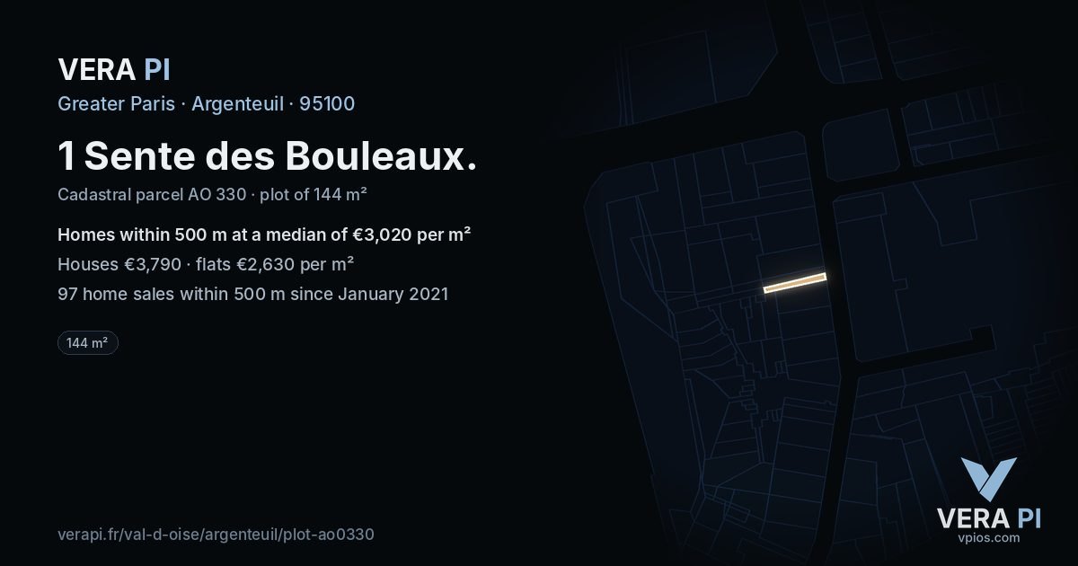 1 Sente des Bouleaux, Argenteuil at night – the plot lit, the parcels around coloured by the prices near them