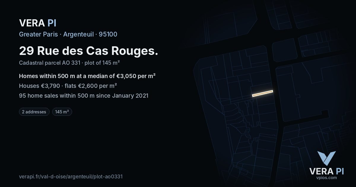 29 Rue des Cas Rouges, Argenteuil at night – the plot lit, the parcels around coloured by the prices near them