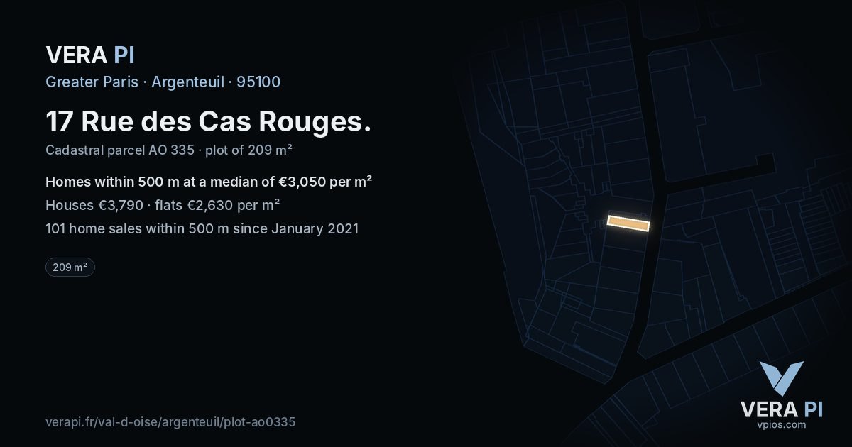 17 Rue des Cas Rouges, Argenteuil at night – the plot lit, the parcels around coloured by the prices near them