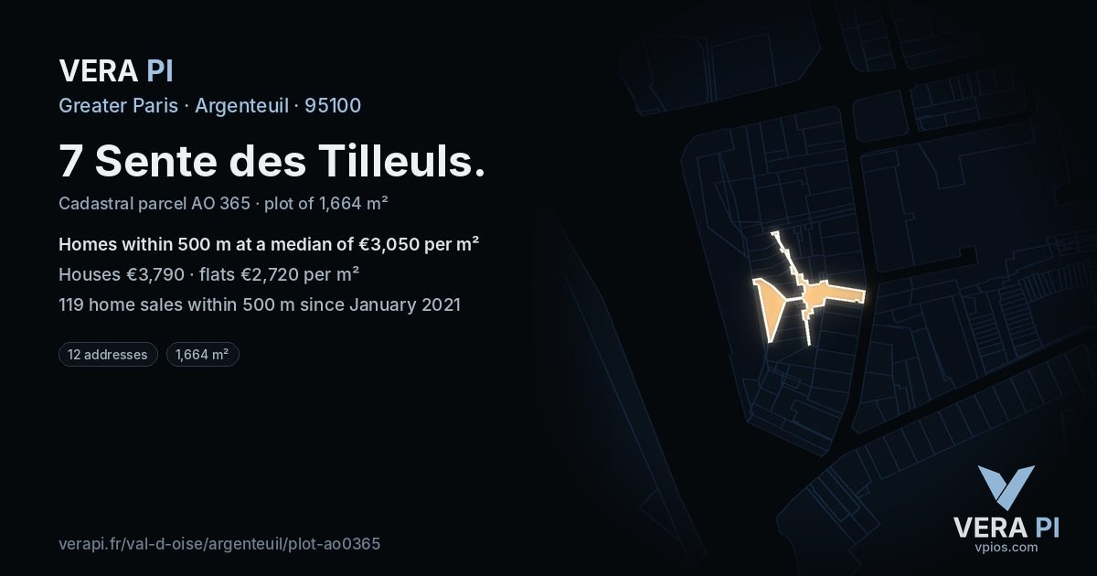 7 Sente des Tilleuls, Argenteuil at night – the plot lit, the parcels around coloured by the prices near them