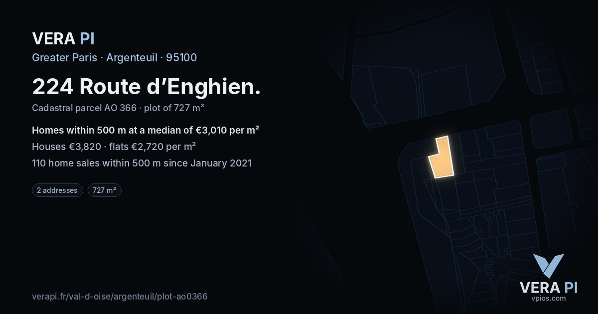 224 Route d’Enghien, Argenteuil at night – the plot lit, the parcels around coloured by the prices near them