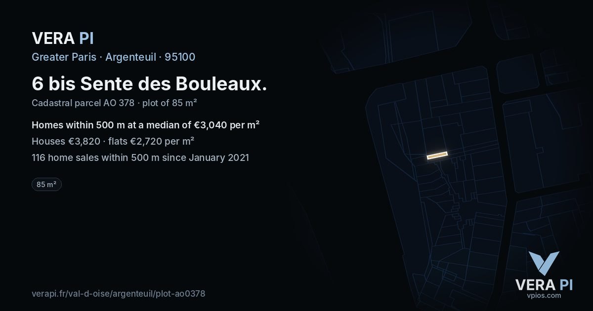 6 bis Sente des Bouleaux, Argenteuil at night – the plot lit, the parcels around coloured by the prices near them