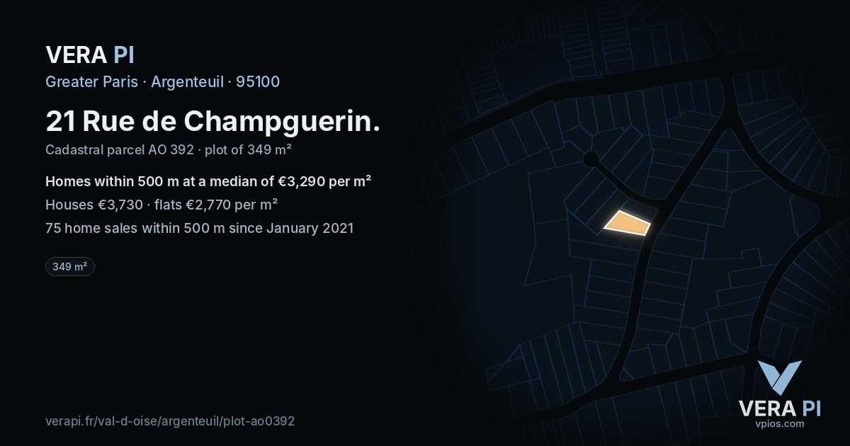 21 Rue de Champguerin, Argenteuil at night – the plot lit, the parcels around coloured by the prices near them