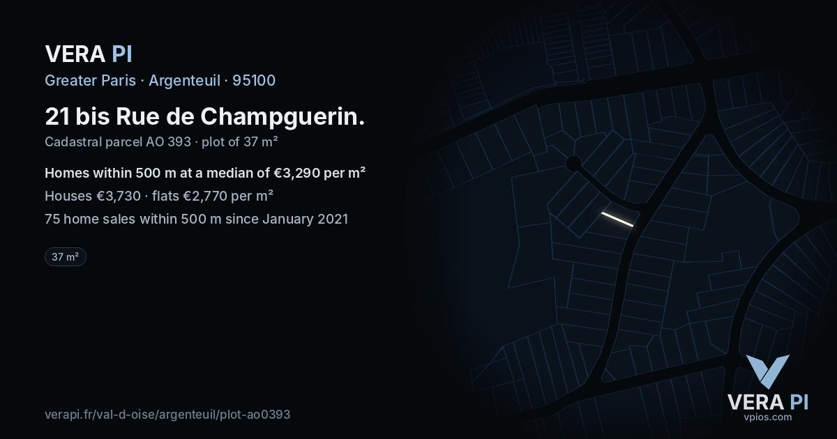 21 bis Rue de Champguerin, Argenteuil at night – the plot lit, the parcels around coloured by the prices near them