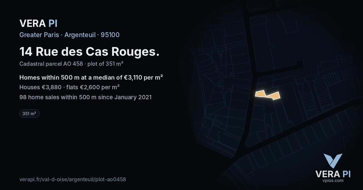 14 Rue des Cas Rouges, Argenteuil at night – the plot lit, the parcels around coloured by the prices near them