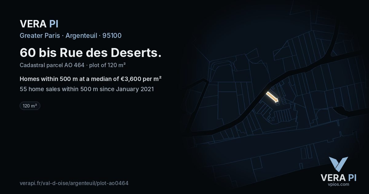 60 bis Rue des Deserts, Argenteuil at night – the plot lit, the parcels around coloured by the prices near them