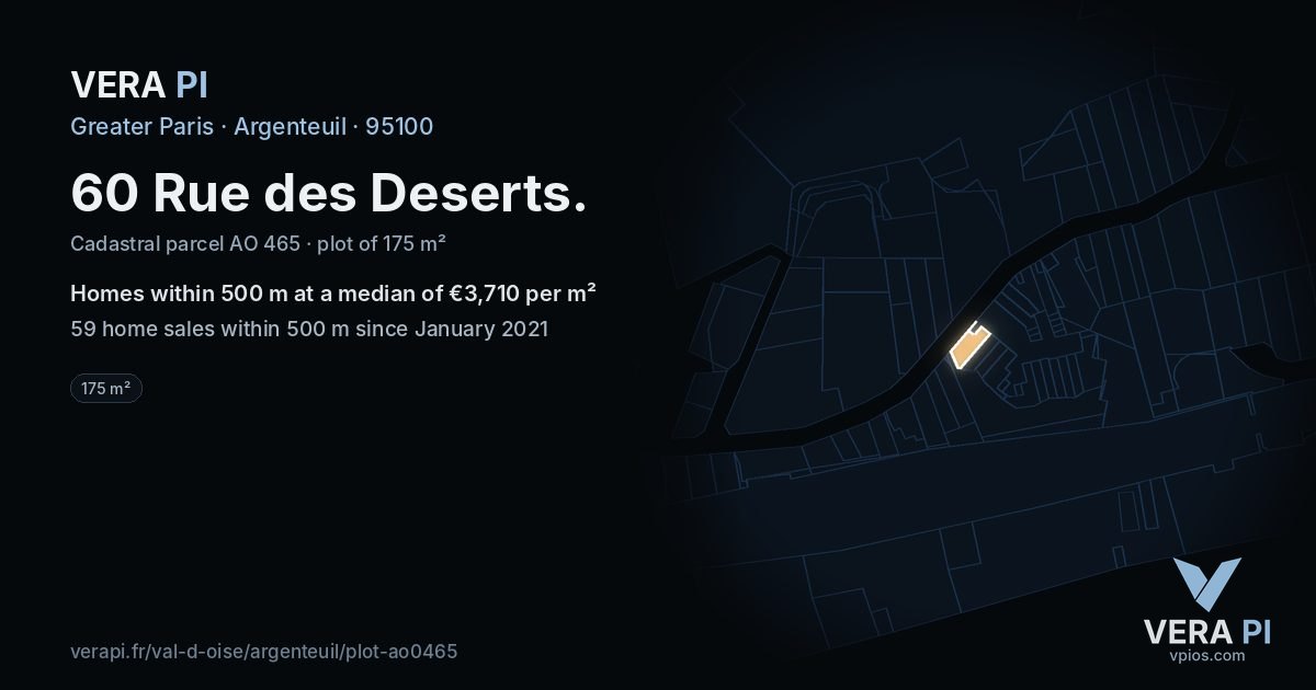 60 Rue des Deserts, Argenteuil at night – the plot lit, the parcels around coloured by the prices near them