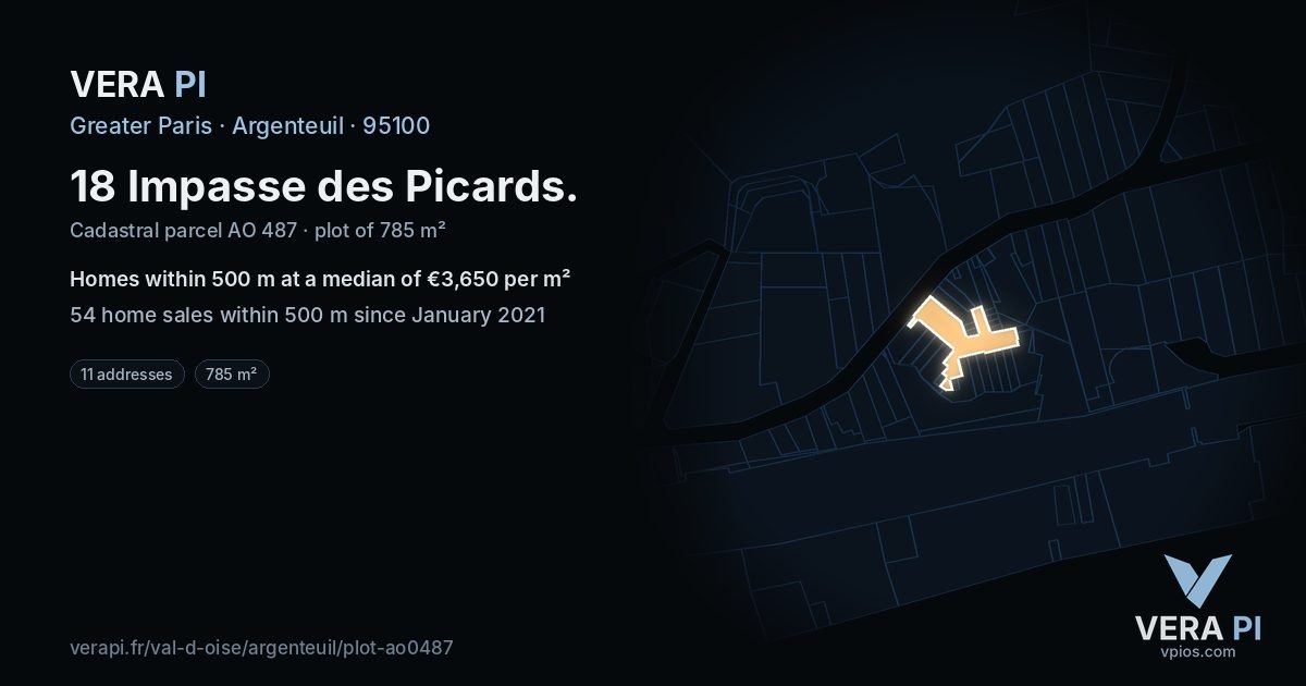 18 Impasse des Picards, Argenteuil at night – the plot lit, the parcels around coloured by the prices near them