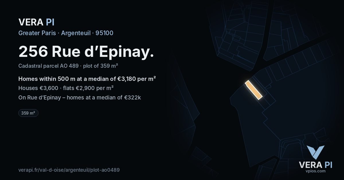 256 Rue d’Epinay, Argenteuil at night – the plot lit, the parcels around coloured by the prices near them