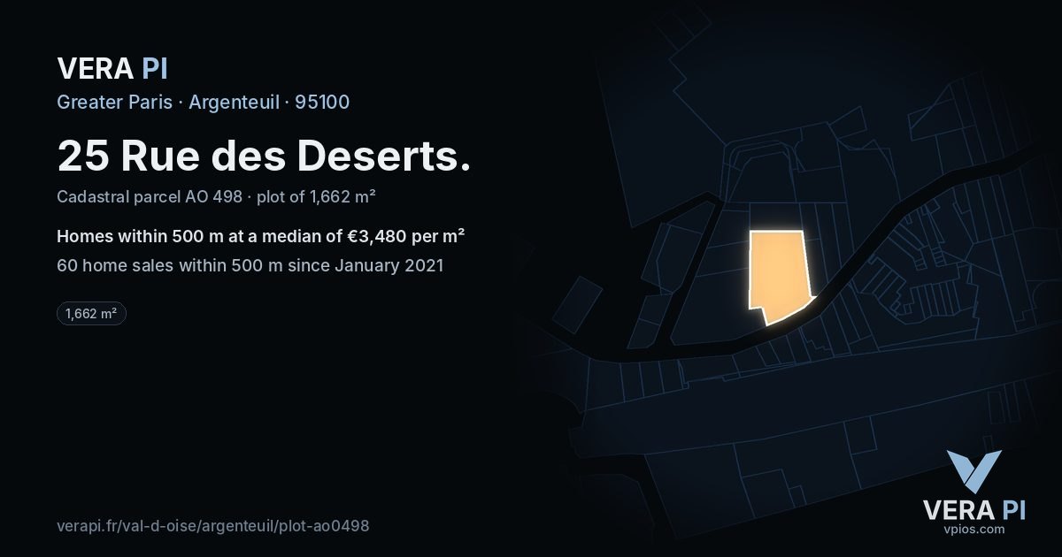 25 Rue des Deserts, Argenteuil at night – the plot lit, the parcels around coloured by the prices near them