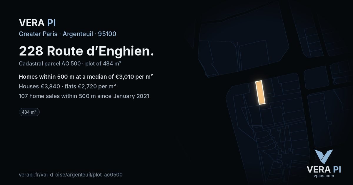 228 Route d’Enghien, Argenteuil at night – the plot lit, the parcels around coloured by the prices near them