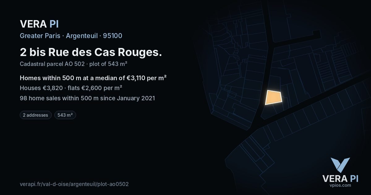 2 bis Rue des Cas Rouges, Argenteuil at night – the plot lit, the parcels around coloured by the prices near them