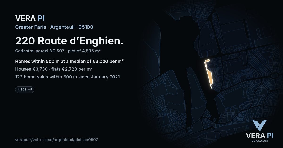 220 Route d’Enghien, Argenteuil at night – the plot lit, the parcels around coloured by the prices near them