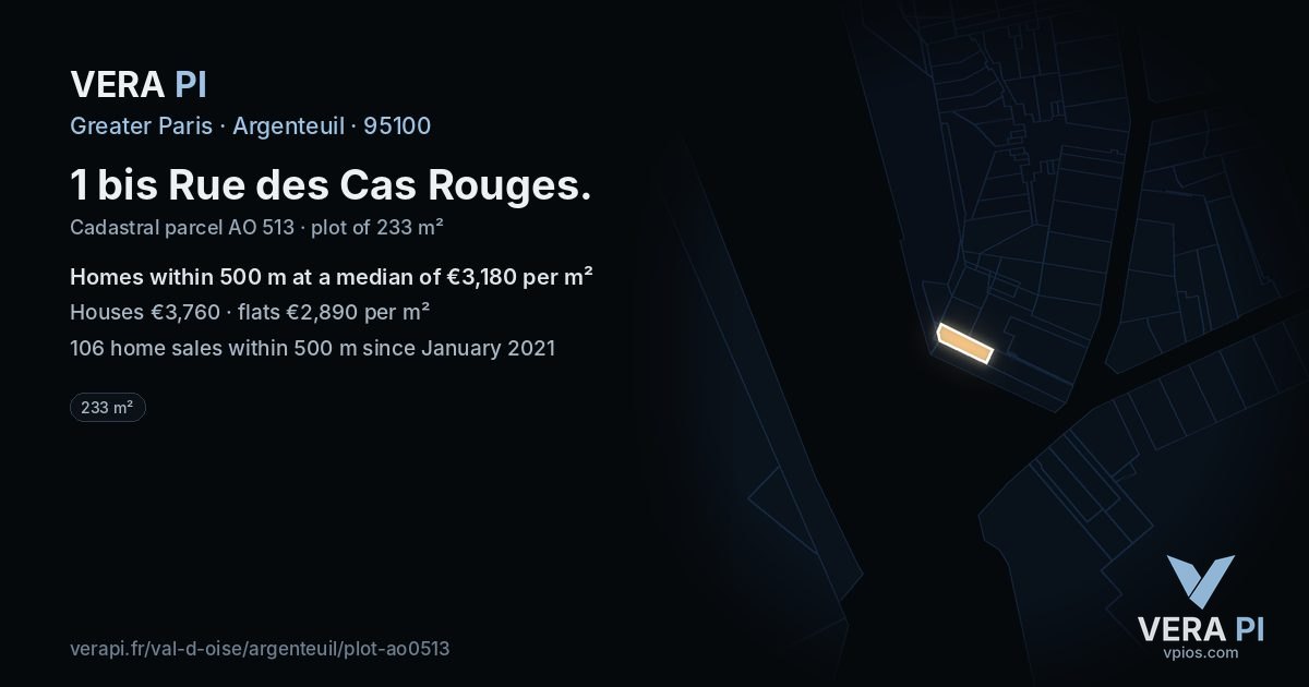 1 bis Rue des Cas Rouges, Argenteuil at night – the plot lit, the parcels around coloured by the prices near them
