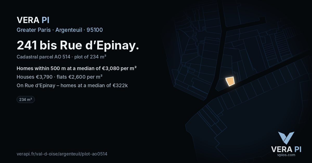 241 bis Rue d’Epinay, Argenteuil at night – the plot lit, the parcels around coloured by the prices near them